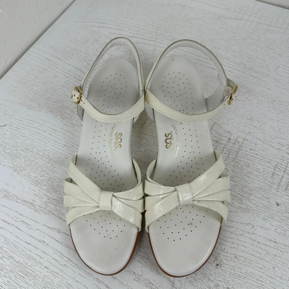 SAS Strippy Tripad Comfort Women's 9 N Cream White Leather Wedge Sandals Strappy